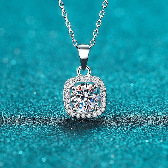 Sterling Silver Four-Prong Halo Moissanite Necklace