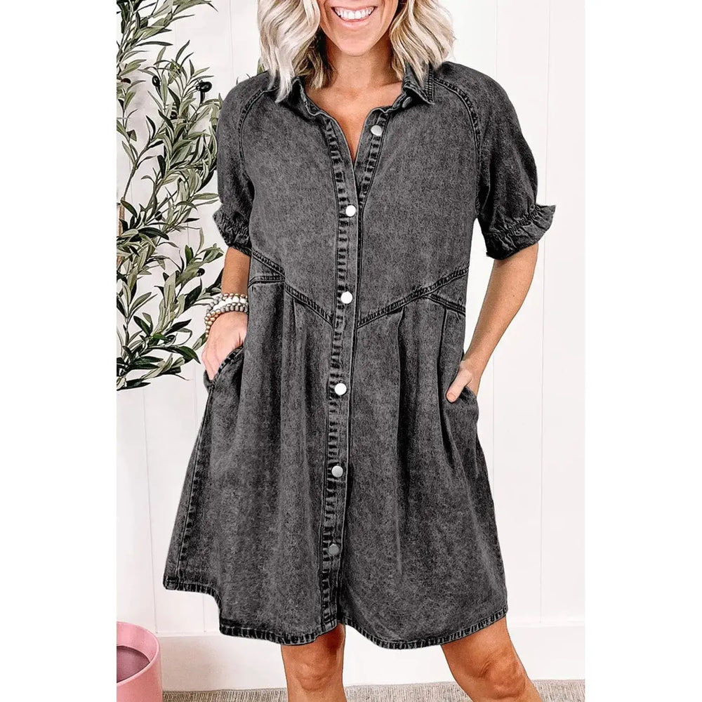 Medium Grey Mineral Wash Ruffled Short Sleeve Buttoned Denim Dress