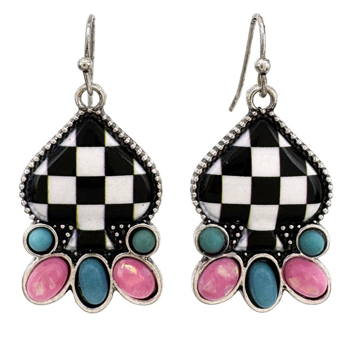 Checkered Print Spade Turquoise Earrings