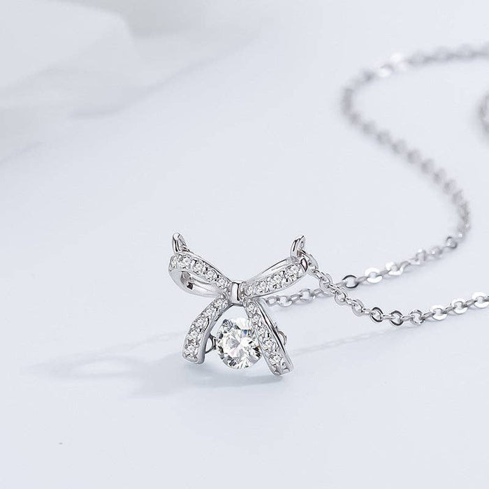 Bow Bowknot Dancing Stone Necklace in 925 Sterling Silver