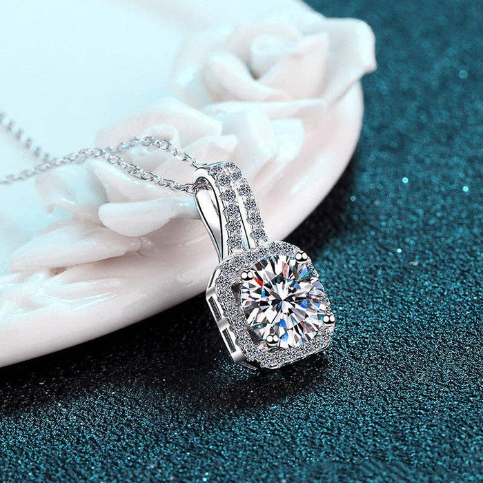 Sterling Silver Square Moissanite Halo Charm Necklace