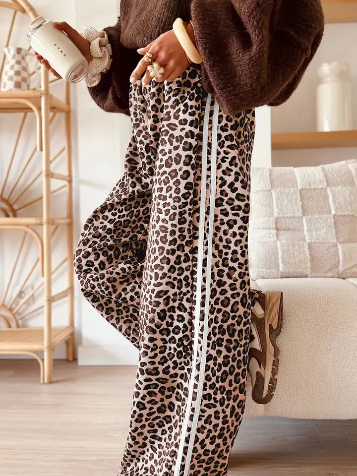 Beige Leopard Print Side Striped Detail Casual Wide Leg Pants