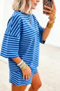 Blue Stripe Dropped Shoulder Tee Loose 2pcs Short Set Dear lover