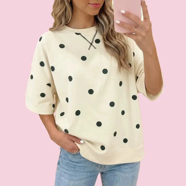 Polka Dot Print Crossed Seam Detail Oversize Tee