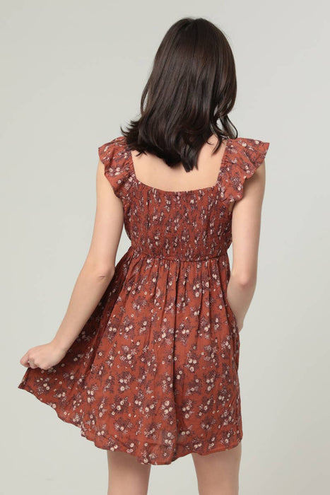 V NECK FLUTTER SLEEVE EMPIRE WAIST DITSY PRINT DR