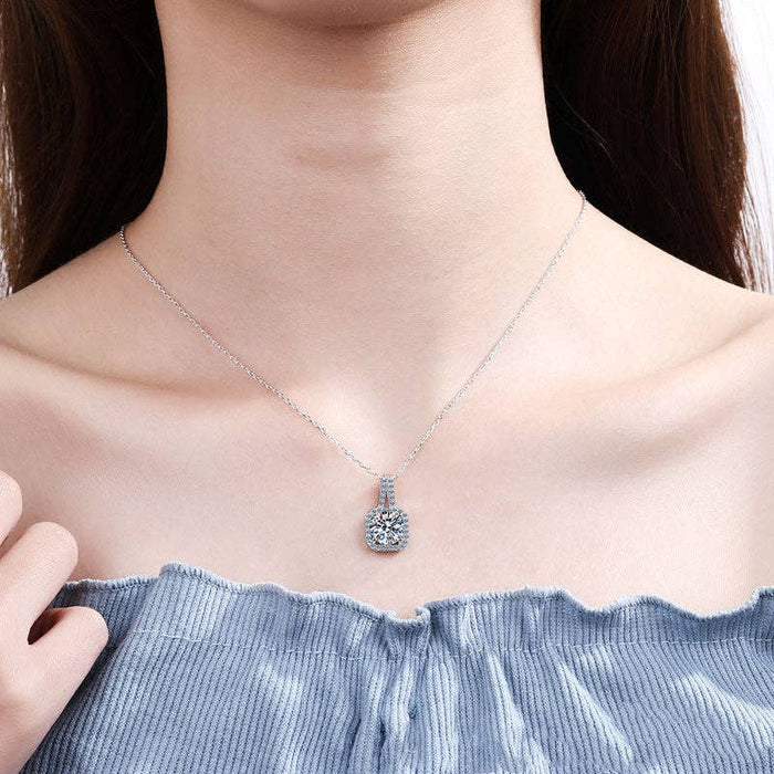 Sterling Silver Square Moissanite Halo Charm Necklace