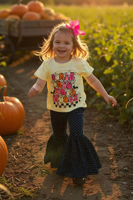 Halloween cream top black dots pant 2pc girls set