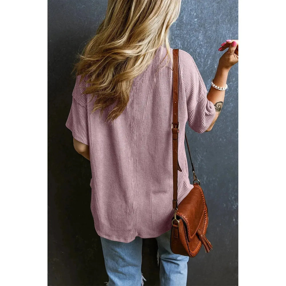Valerian Corded V Neck Chest Pocket Loose T-shirt Dear lover