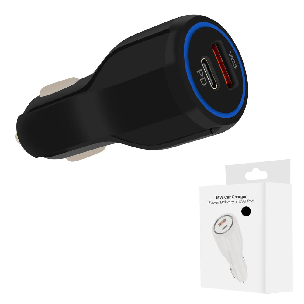15W PD Car Charger With USB Port MW8182 BLACK Mighty Wireless