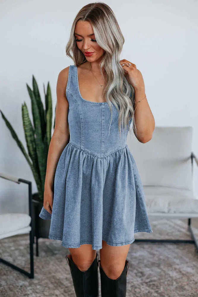 Myosotis Square Neck Bowknot A-line Sleeveless Denim Dress Dear lover