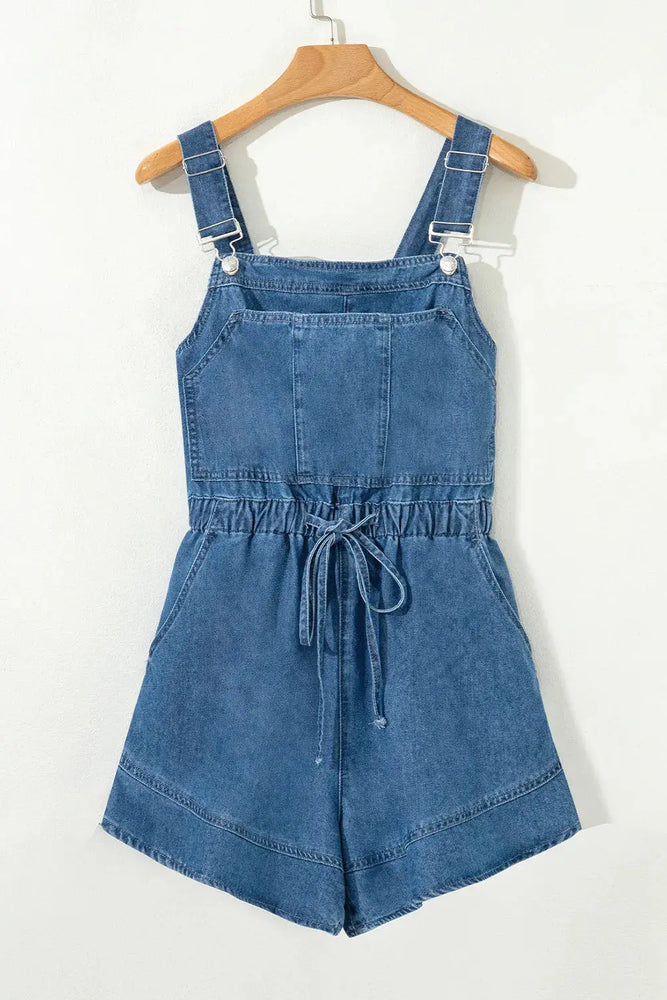 Sky Blue Buckle Straps Tied Backless Flared Denim Romper Dear lover