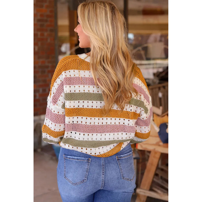 Multicolor Striped Hollowed Knitted Loose Sweater