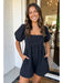 Black Denim Square Neck Smocked Short Puff Sleeve Flared Romper Dear lover