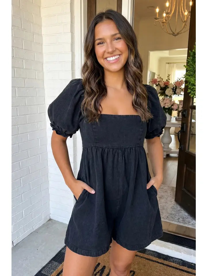 Black Denim Square Neck Smocked Short Puff Sleeve Flared Romper