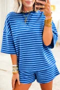 Blue Stripe Dropped Shoulder Tee Loose 2pcs Short Set Dear lover
