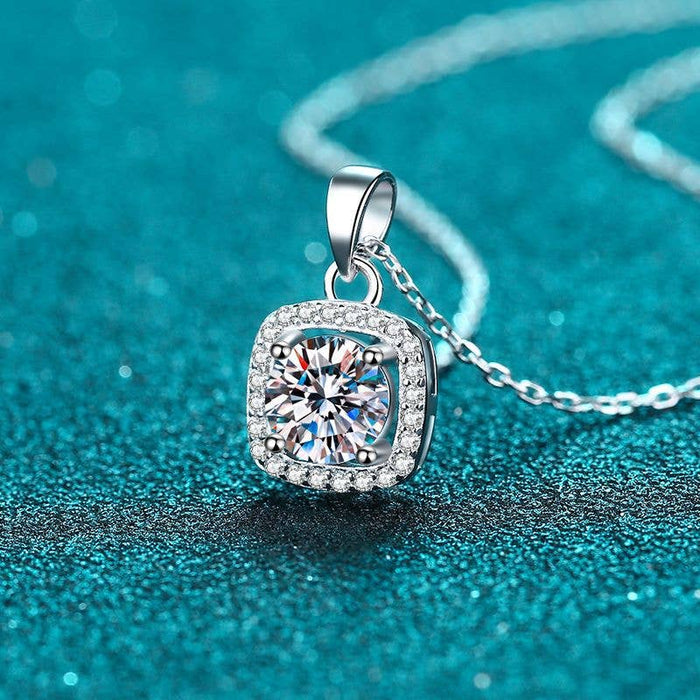 Sterling Silver Four-Prong Halo Moissanite Necklace