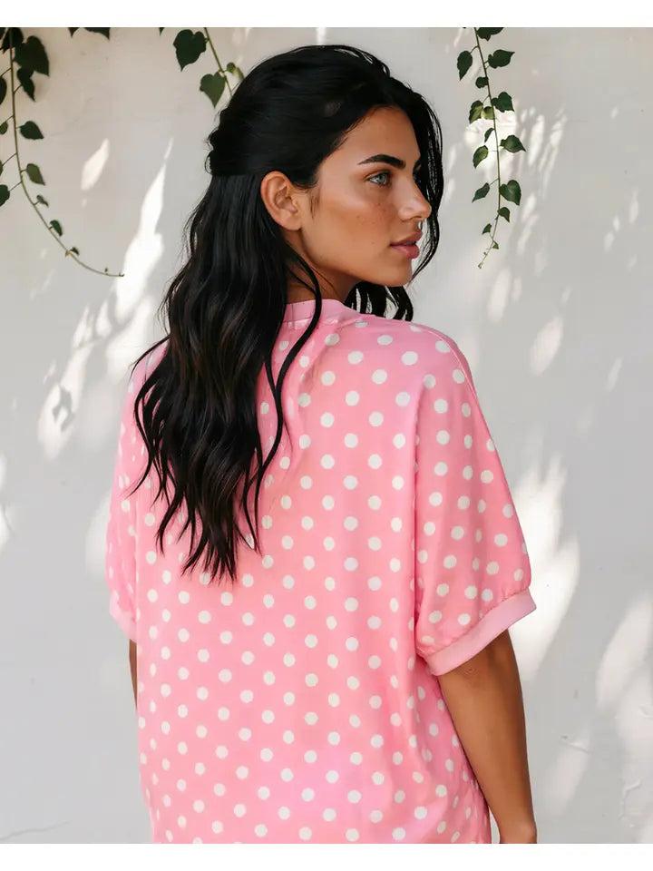Pink Polka Dot Oversized Top Drawstring Short Set
