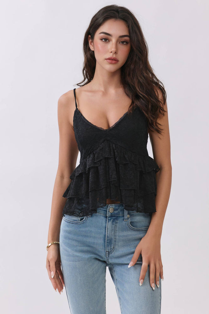 Plunging Tiered Lace Babydoll Cami Top