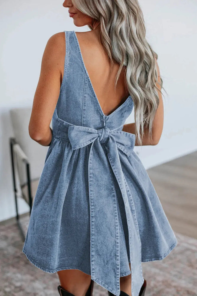 Myosotis Square Neck Bowknot A-line Sleeveless Denim Dress Dear lover