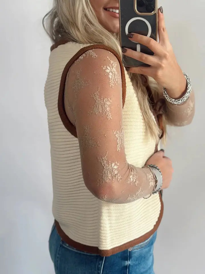 White Horizontal Ribbed Knit Contrast Trim Ties Front Sweater Vest