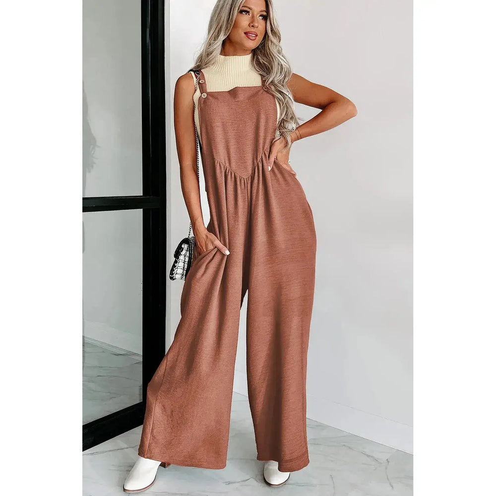 Gold Flame Textured Buttoned Straps Ruched Wide Leg Jumpsuit Dear lover