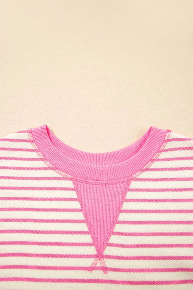 Sachet Pink Contrast Detail Striped Ruffle Short Sleeve Top Dear lover