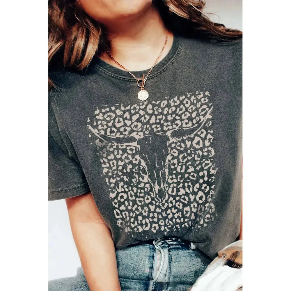 Black Leopard Skull Graphic Print Short Sleeve T Shirt Dear lover