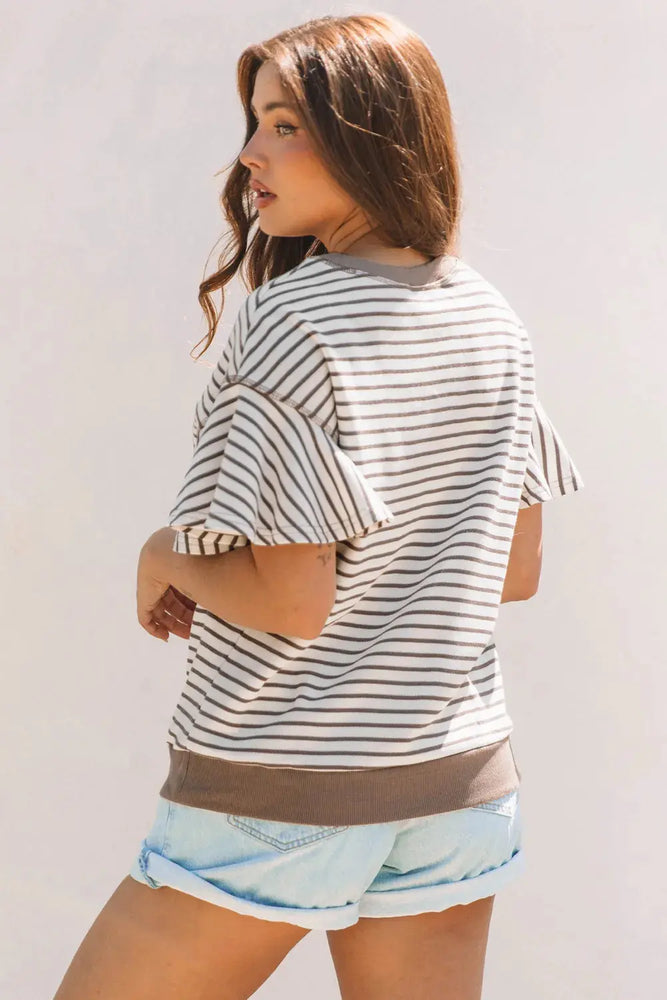 Striped Ruffle Short Sleeve Top Dear lover