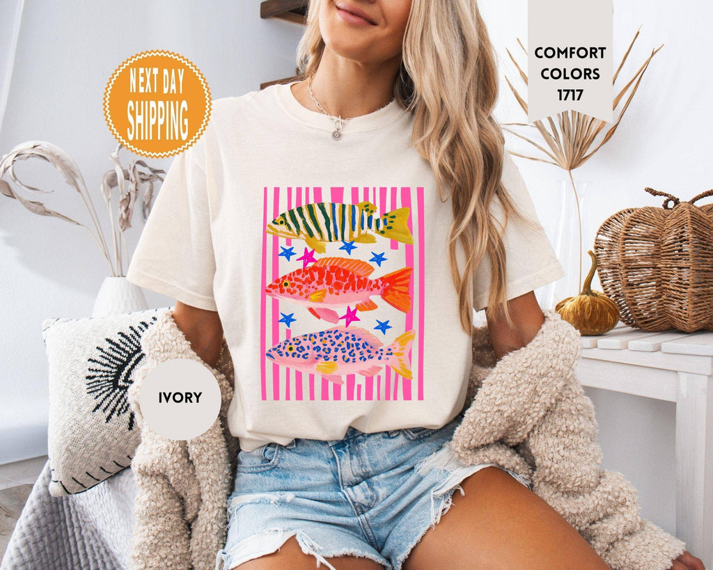 Comfort Colors Colorful Fish Shirt, Pink Striped Ocean Tee