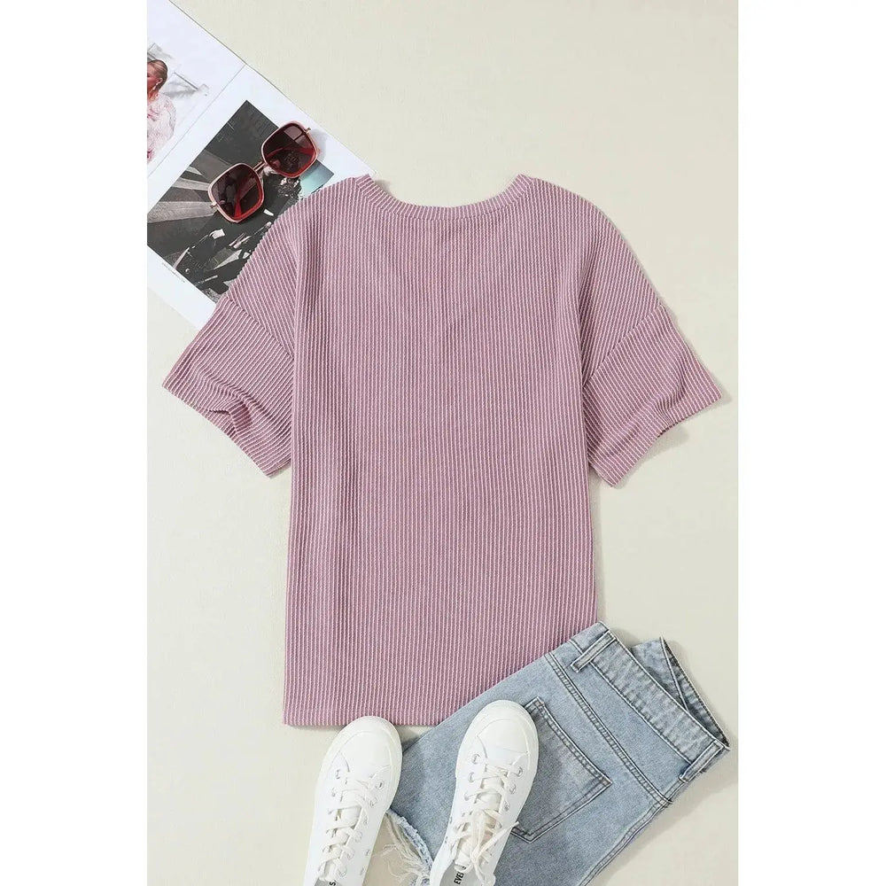 Valerian Corded V Neck Chest Pocket Loose T-shirt Dear lover