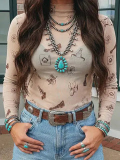 Oatmeal Western Print Slim Fit Mesh Long Sleeve Mock Neck Top