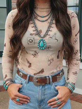 Oatmeal Western Print Slim Fit Mesh Long Sleeve Mock Neck Top