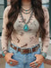 Oatmeal Western Print Slim Fit Mesh Long Sleeve Mock Neck Top Dear lover