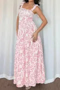Pink Floral Print Knot Straps High Waist Flared Maxi Dress Dear lover