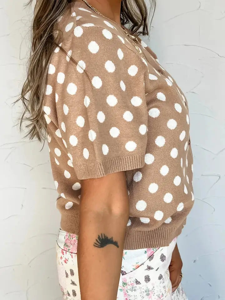 Dark Khaki Polka Dot Short Sleeve Button Down Sweater Cardigan
