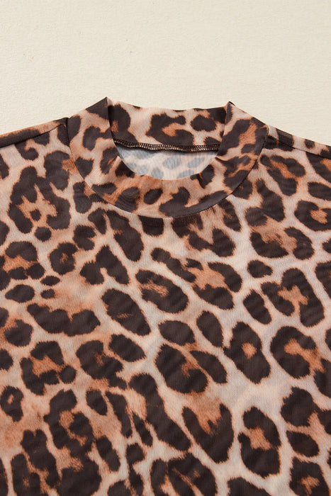 Brown Leopard Long Sleeve Mesh Top