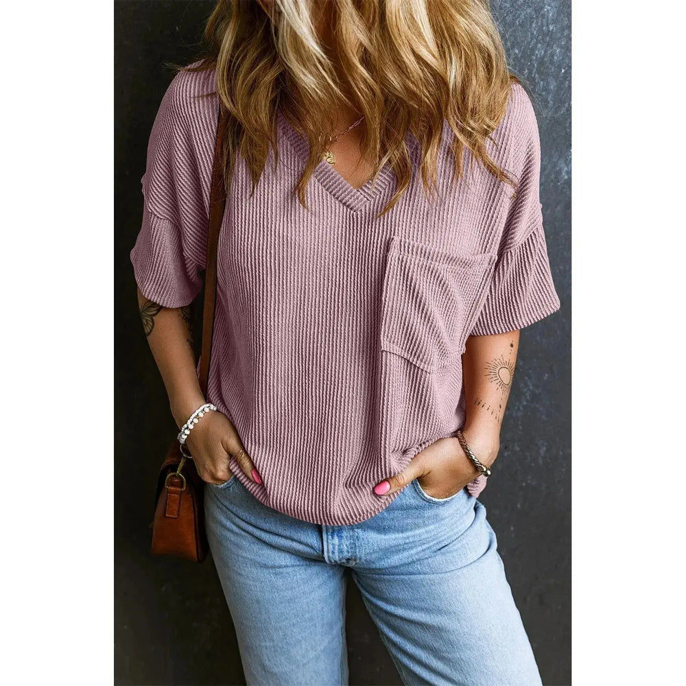 Valerian Corded V Neck Chest Pocket Loose T-shirt Dear lover