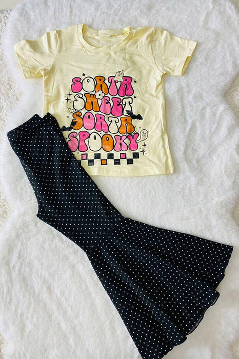 Halloween cream top black dots pant 2pc girls set