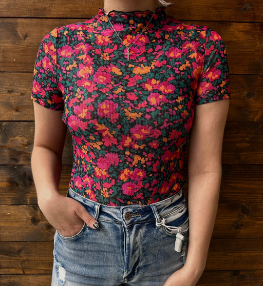 Rose Floral Mesh Top – Retro Print Short Sleeve Dear lover