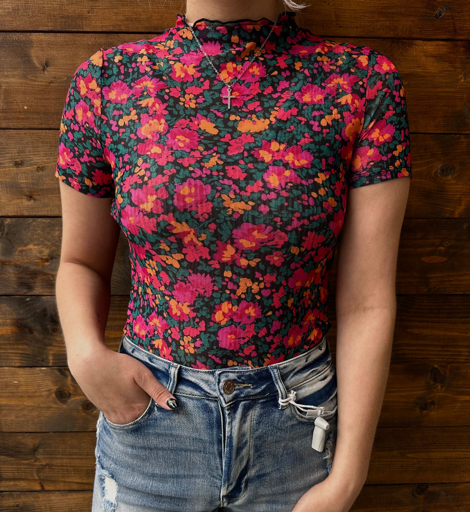 Rose Floral Mesh Top – Retro Print Short Sleeve Dear lover
