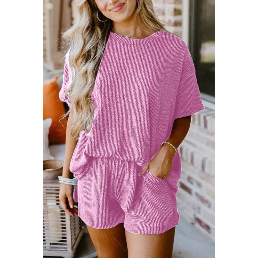 Phalaenopsis Ribbed Textured Knit Loose Fit Tee and Shorts Set Dear lover