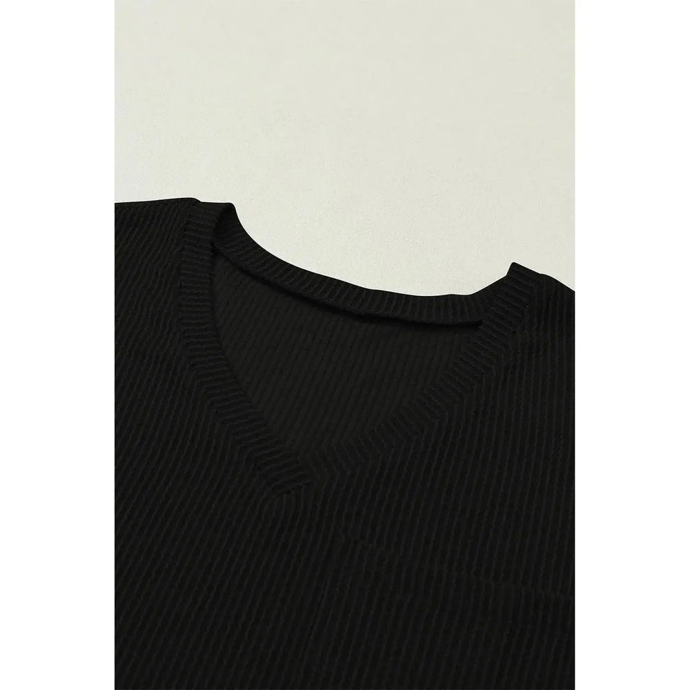 Black Corded V Neck Chest Pocket Loose T-shirt Dear lover