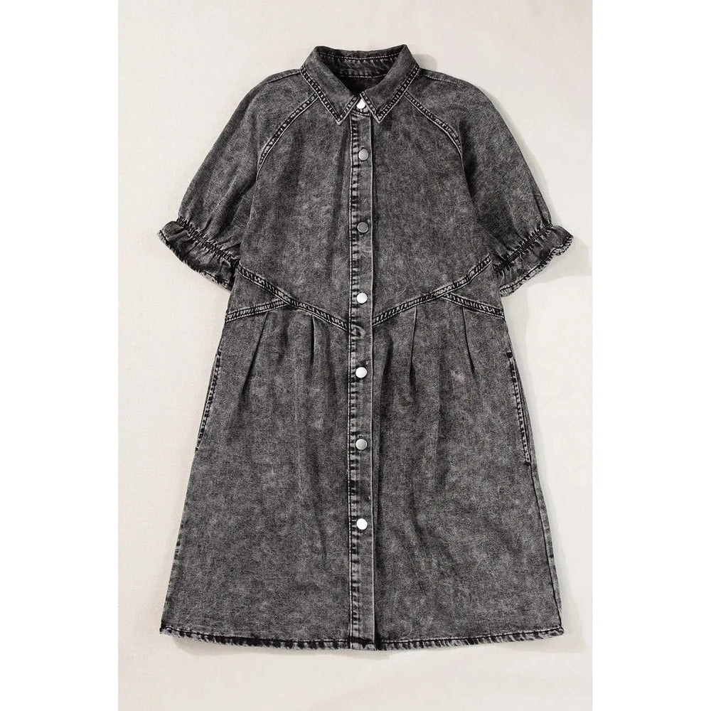 Medium Grey Mineral Wash Ruffled Short Sleeve Buttoned Denim Dress Dear lover