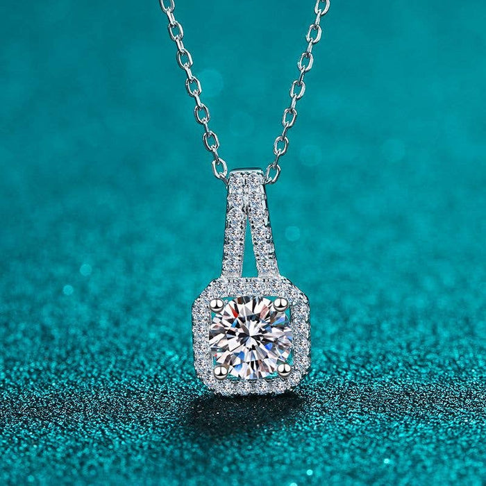 Sterling Silver Square Moissanite Halo Charm Necklace