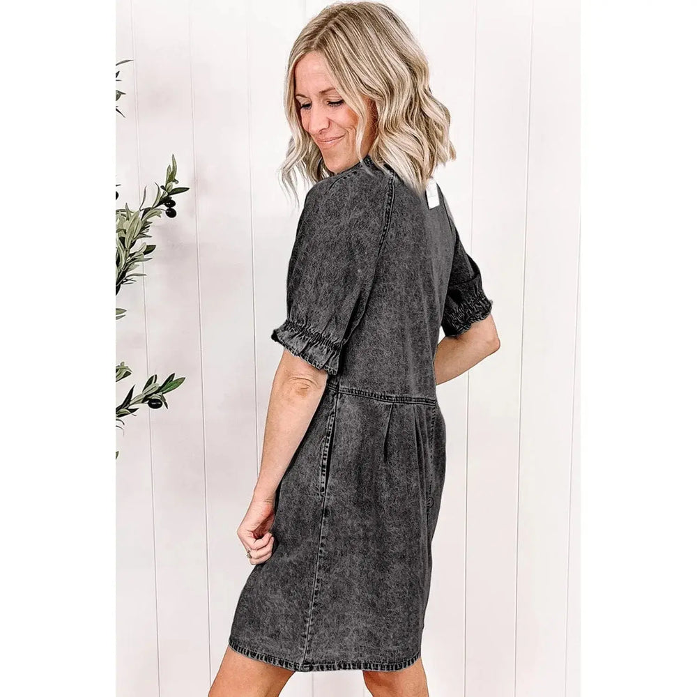 Medium Grey Mineral Wash Ruffled Short Sleeve Buttoned Denim Dress Dear lover
