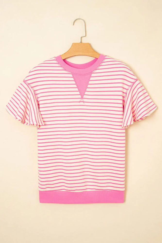 Sachet Pink Contrast Detail Striped Ruffle Short Sleeve Top Dear lover