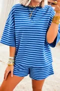 Blue Stripe Dropped Shoulder Tee Loose 2pcs Short Set Dear lover