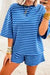 Blue Stripe Dropped Shoulder Tee Loose 2pcs Short Set Dear lover