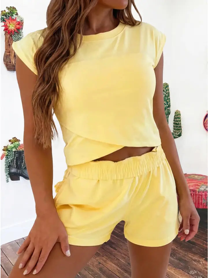 Yellow Cream Solid Short Sleeve Elastic Waist Pocket Casual Two Piece Short Set