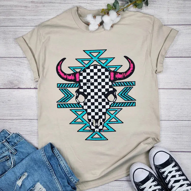 Aztec Checkered Skull Tee